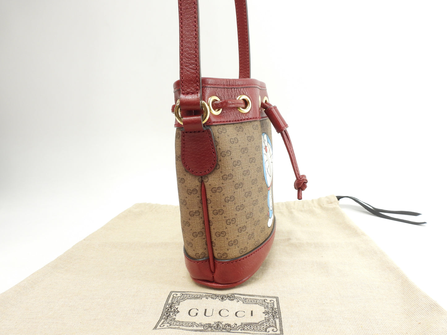 グッチ 巾着ポシェット ドラえもん マイクロGG茶赤 クロスボディバッグ 極美品@ 14