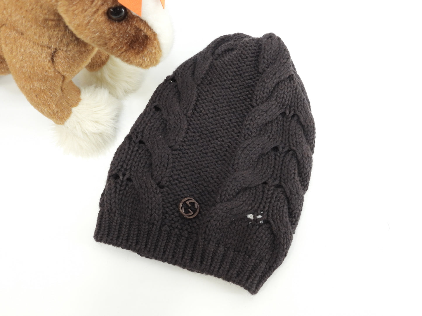 グッチ ニット帽 ウール茶 ヘッドウォーマー 帽子 ニットキャップ 美品@ 1