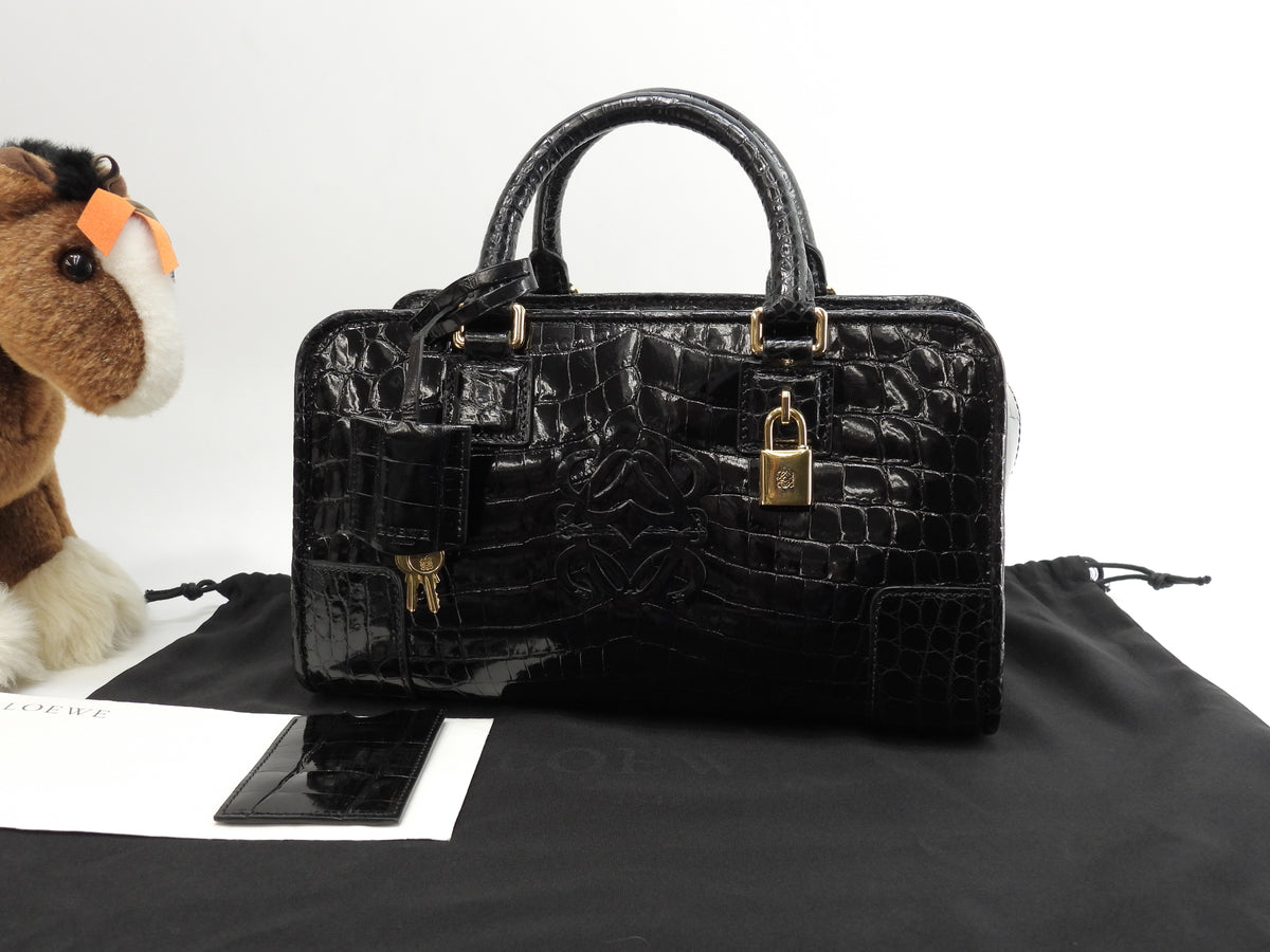 ロエベ アマソナ28 クロコダイル 黒 ハンドバッグ ゴールド金具 美品 