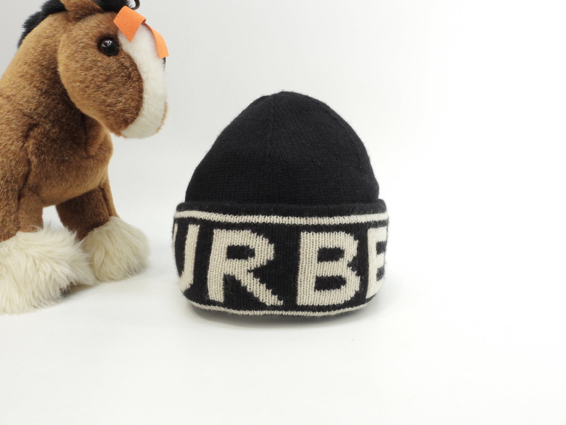バーバリー ニット帽 カシミア100% 黒白 ヘッドウォーマー 帽子 美品 