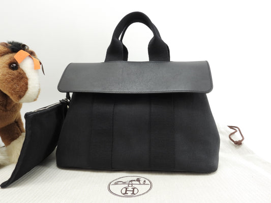 エルメス ヴァルパライソPM コットン/レザー 黒 トートバッグ ハンドバッグ@ 66