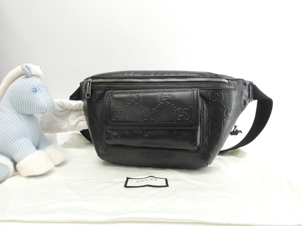 グッチ ボディバッグ大 GG レザー黒 斜掛ショルダーバッグ ウエスト  