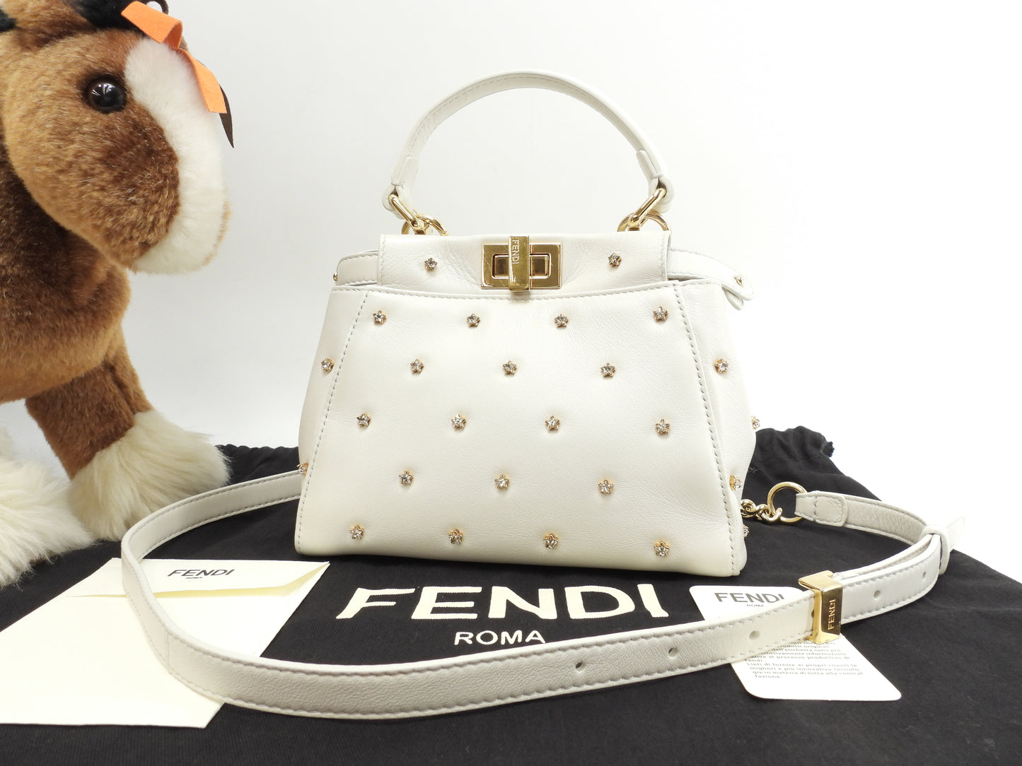 フェンディ ピーカブーミニ ビジュー付 レザー白 ハンドバッグ ポシェット 美品@ 8