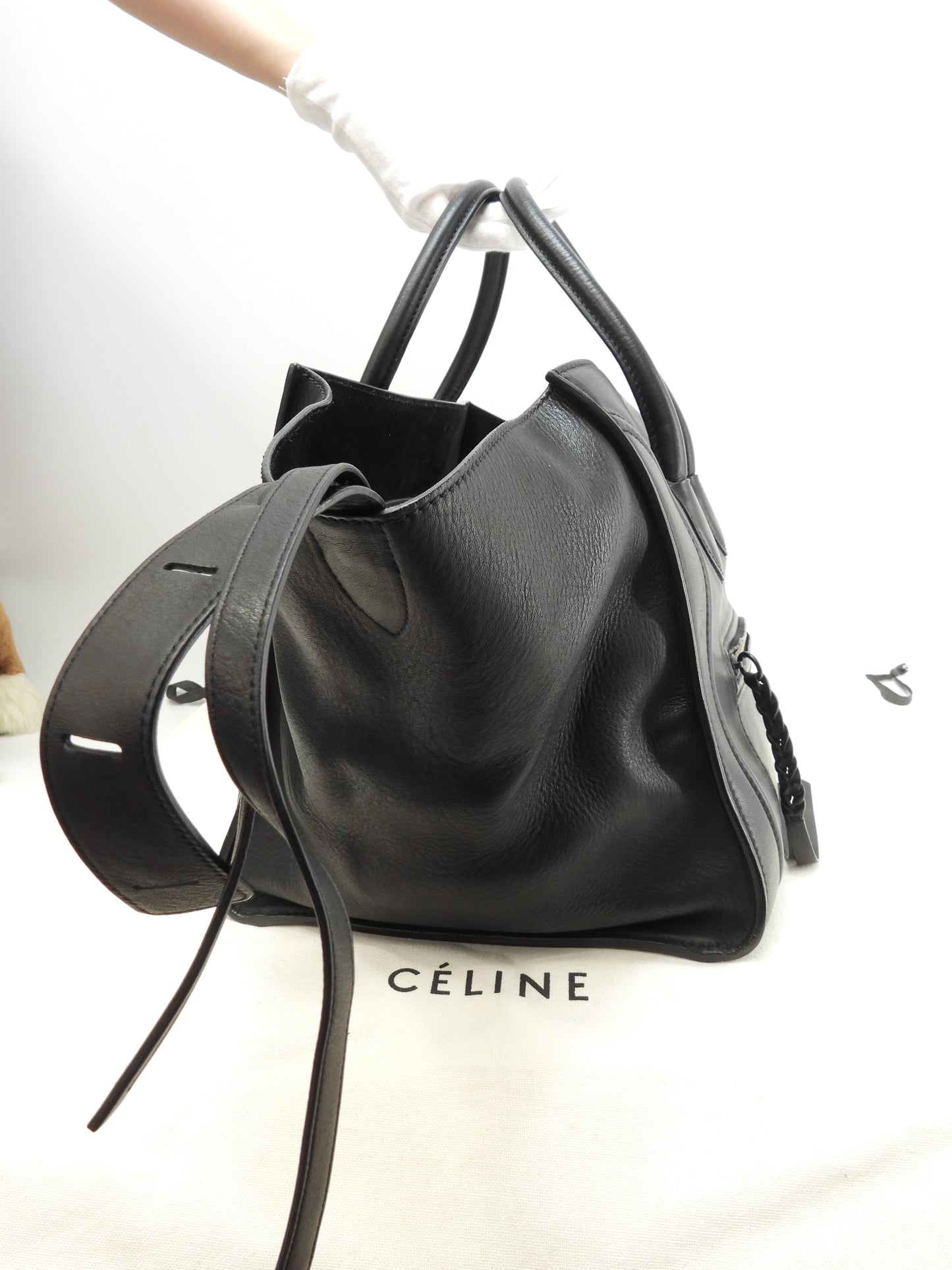 セリーヌ ラゲージファントム レザー 黒 ハンドバッグ トートバッグ 美品@U-CU-1121 2