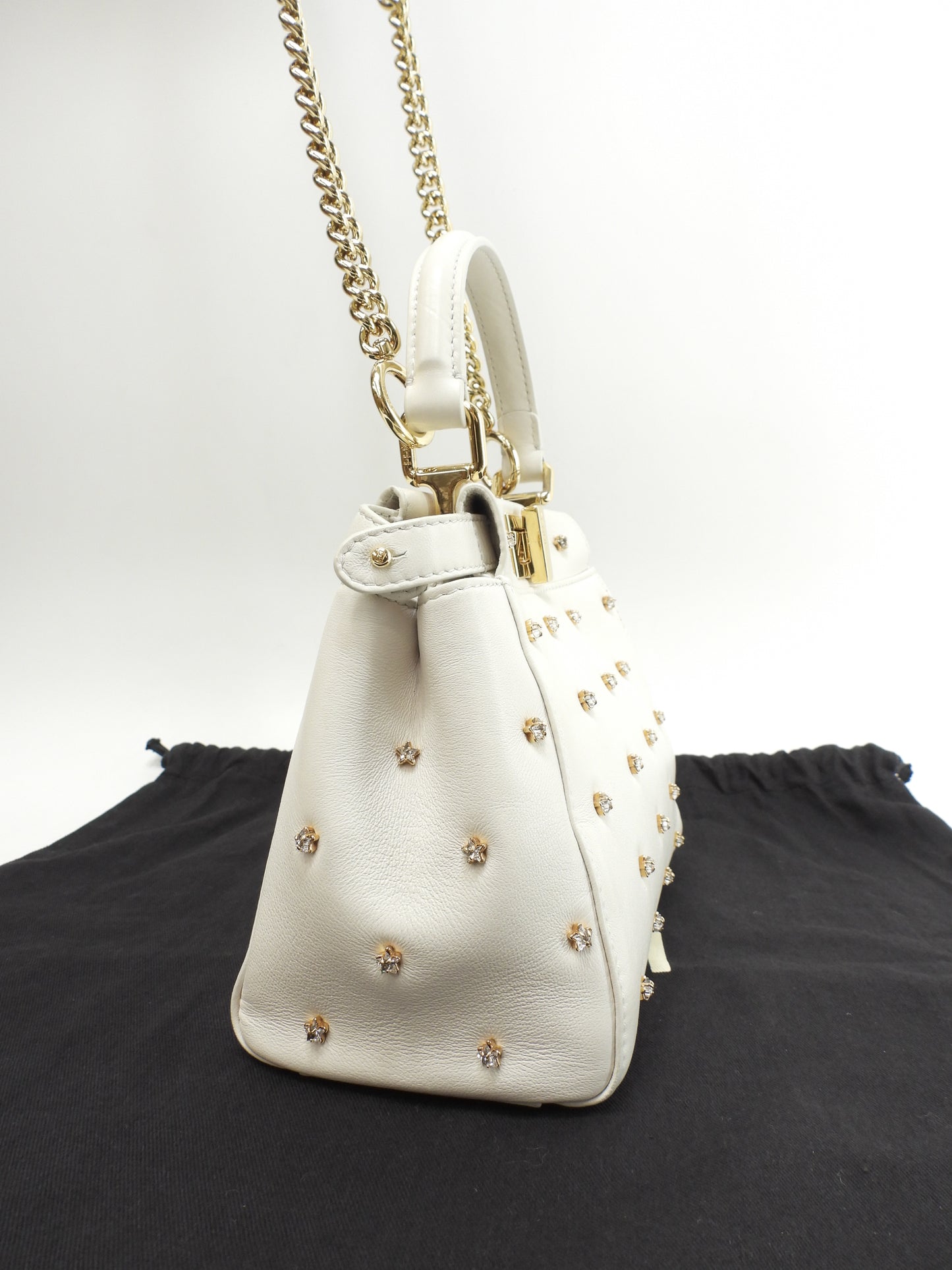 フェンディ ピーカブーミニ ビジュー付 レザー白 ハンドバッグ ポシェット 美品@ 8