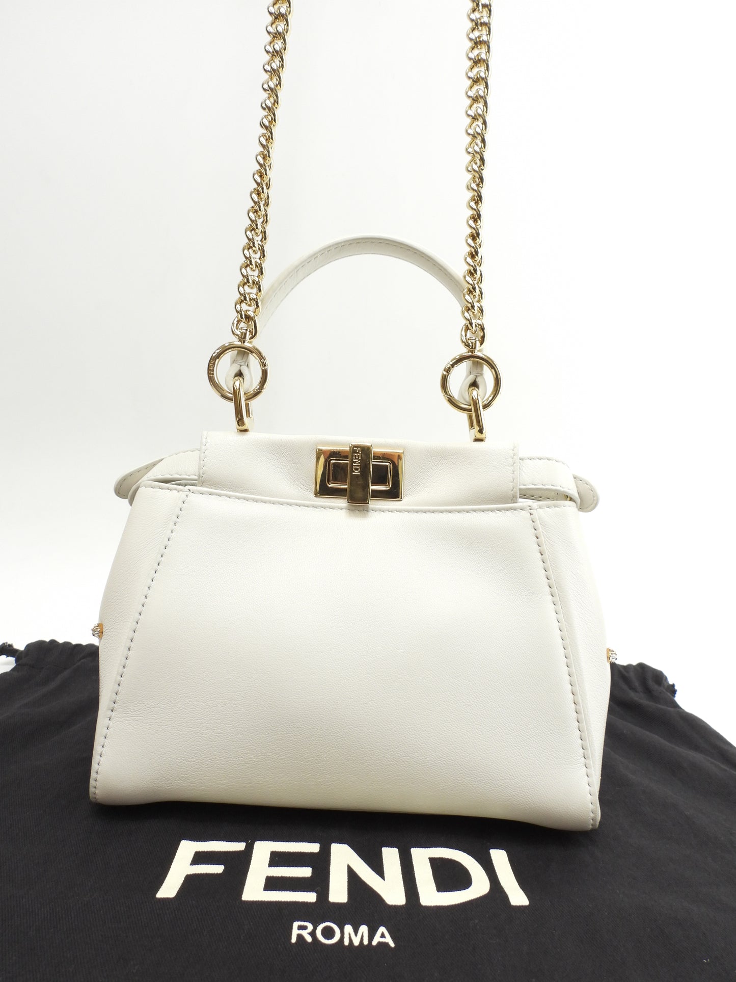 フェンディ ピーカブーミニ ビジュー付 レザー白 ハンドバッグ ポシェット 美品@ 8