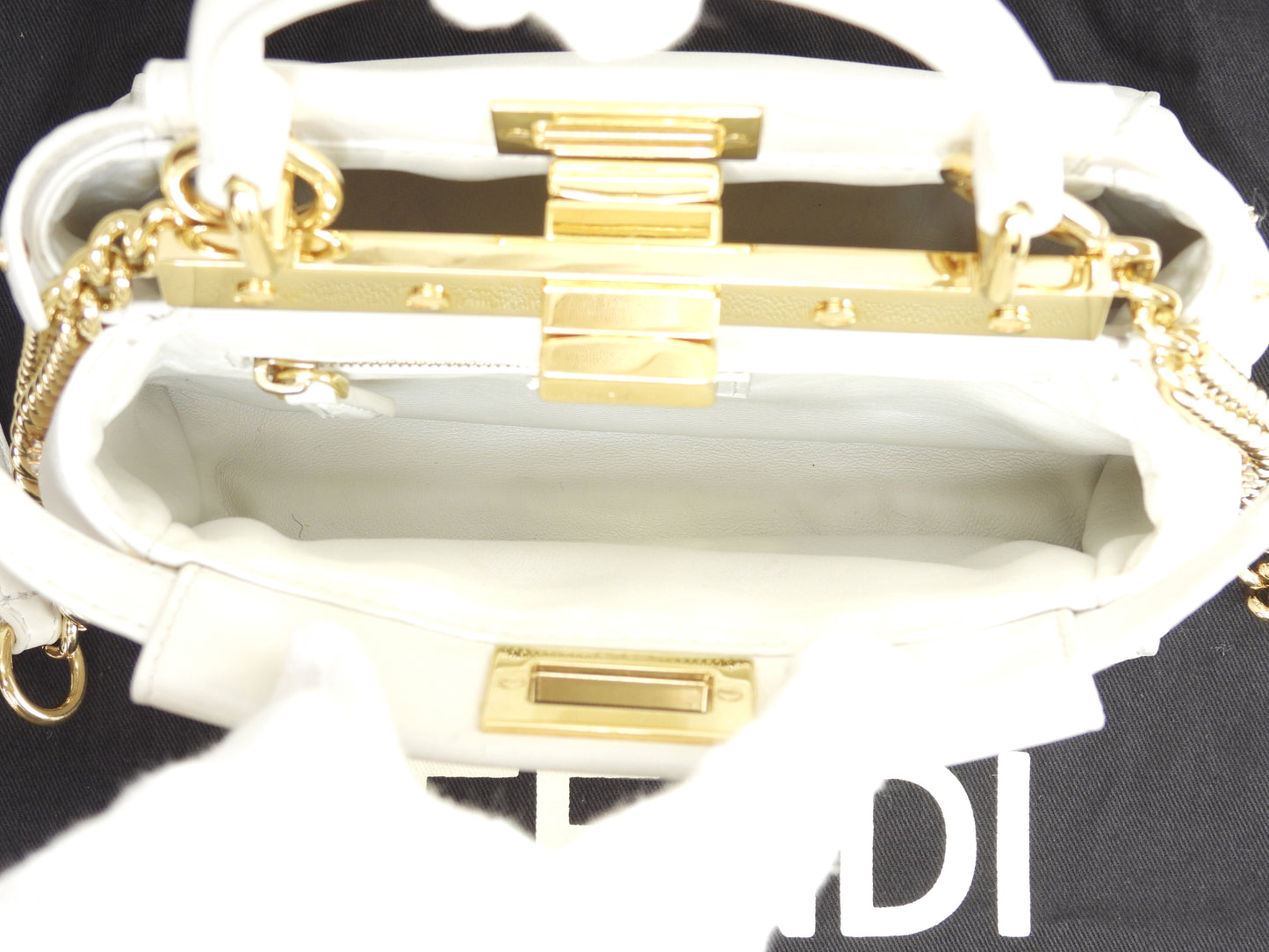 フェンディ ピーカブーミニ ビジュー付 レザー白 ハンドバッグ ポシェット 美品@ 8