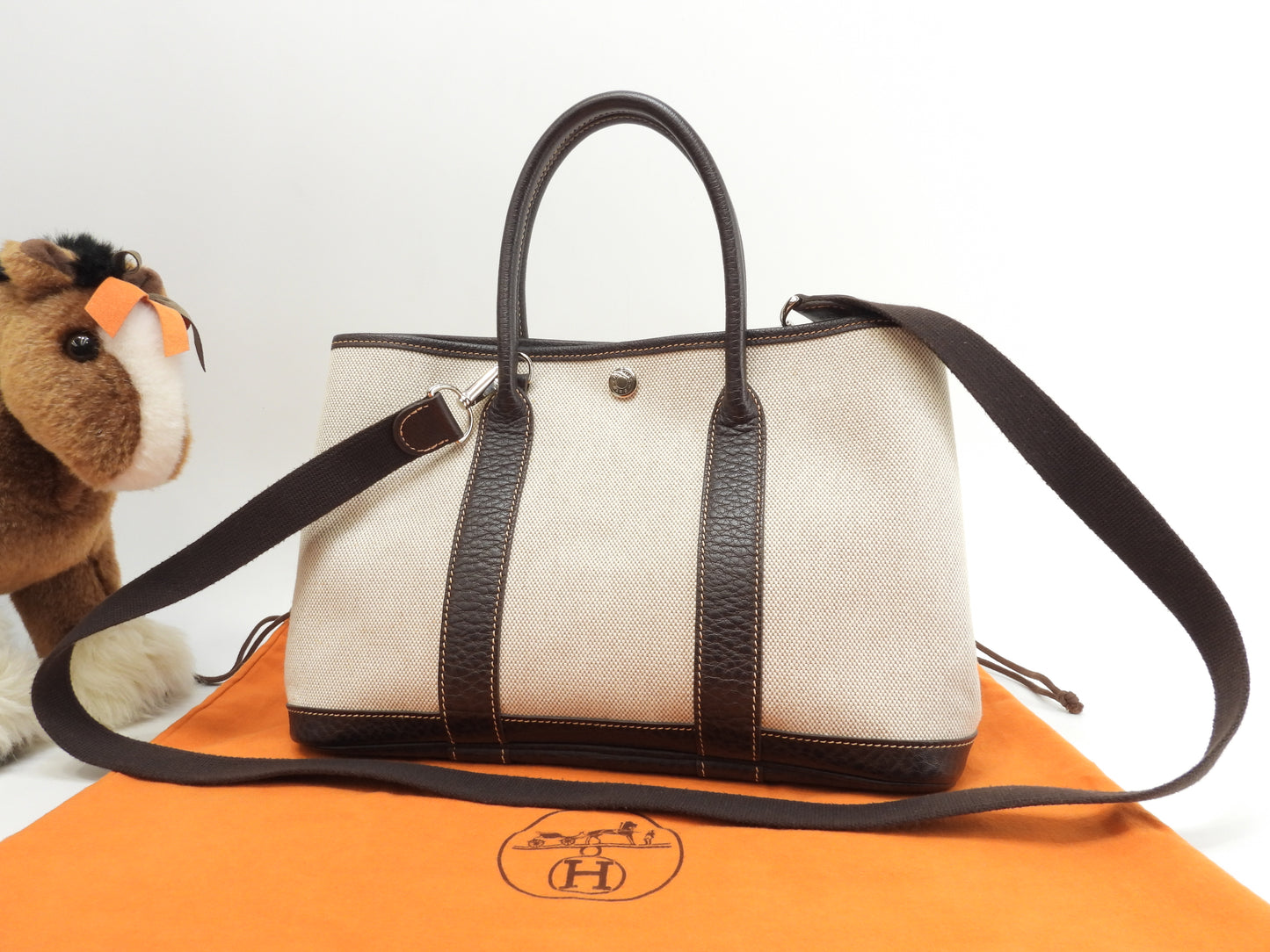 エルメス ガーデンパーティTPM トワルアッシュPM/レザー 白茶 s付ハンドバッグ 美品@□I