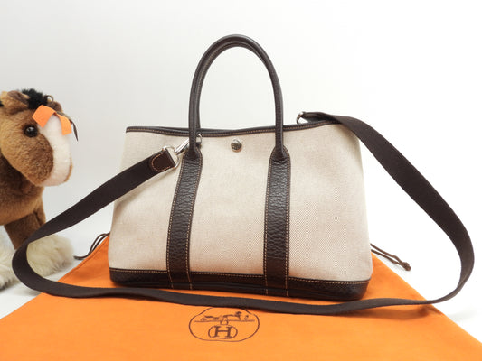 エルメス ガーデンパーティTPM トワルアッシュPM/レザー 白茶 s付ハンドバッグ 美品@□I