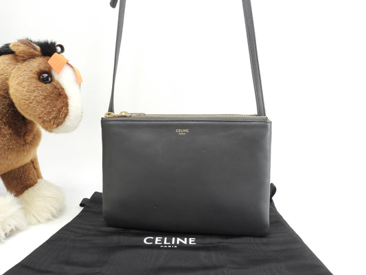 セリーヌ トリオスモール スムースレザー 濃灰 ポシェット クロスボディバッグ 美品@W-LM-3109