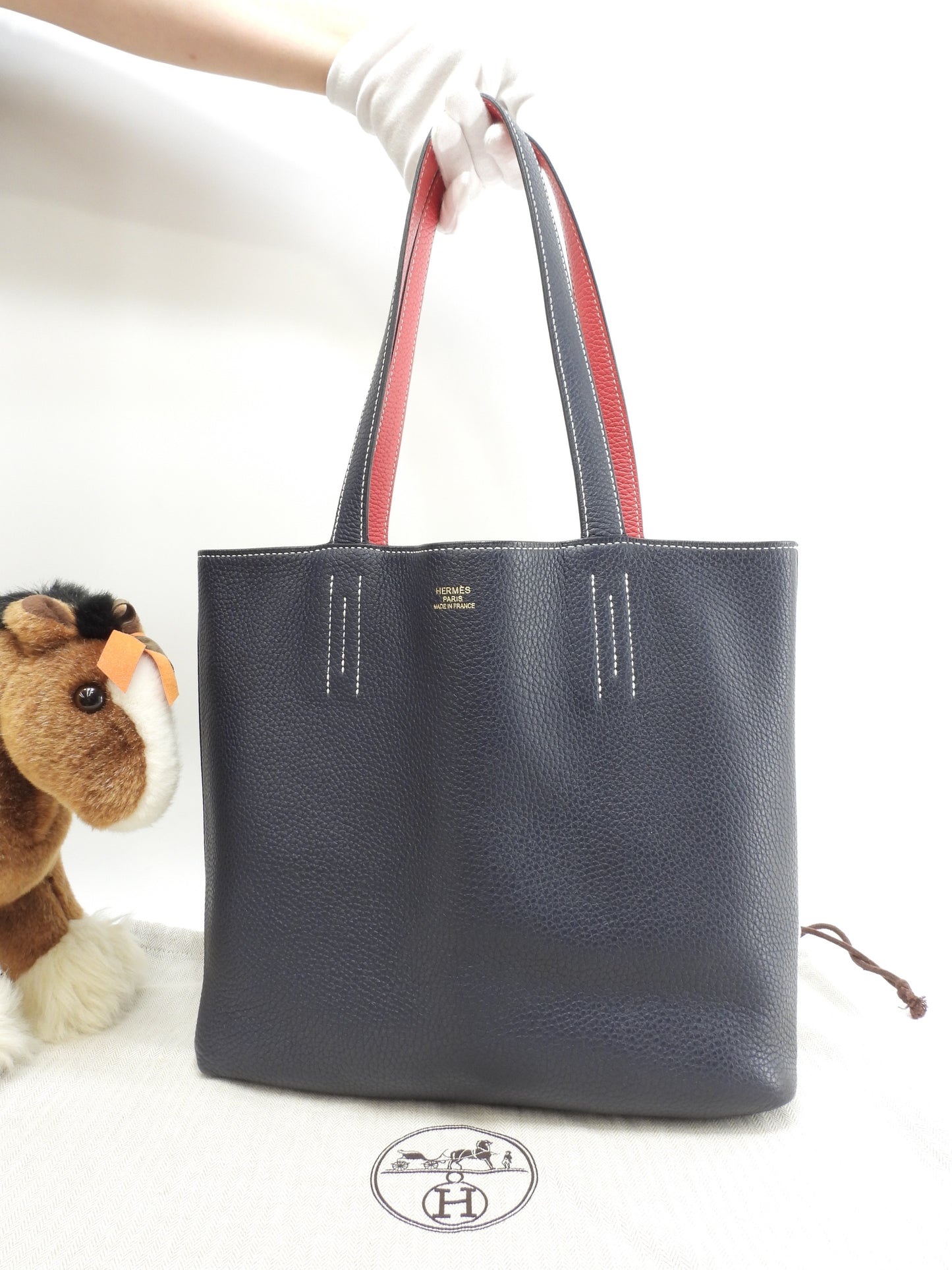 エルメス ドゥブルサンス36 トリヨンクレマンス 紺ピンク トートバッグ ショルダーバッグ 極美品@D