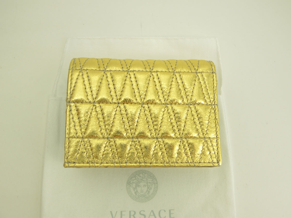ヴェルサーチ ミニウォレット ヴェセトス レザー金 2折財布 Vロゴ 新品@ 1