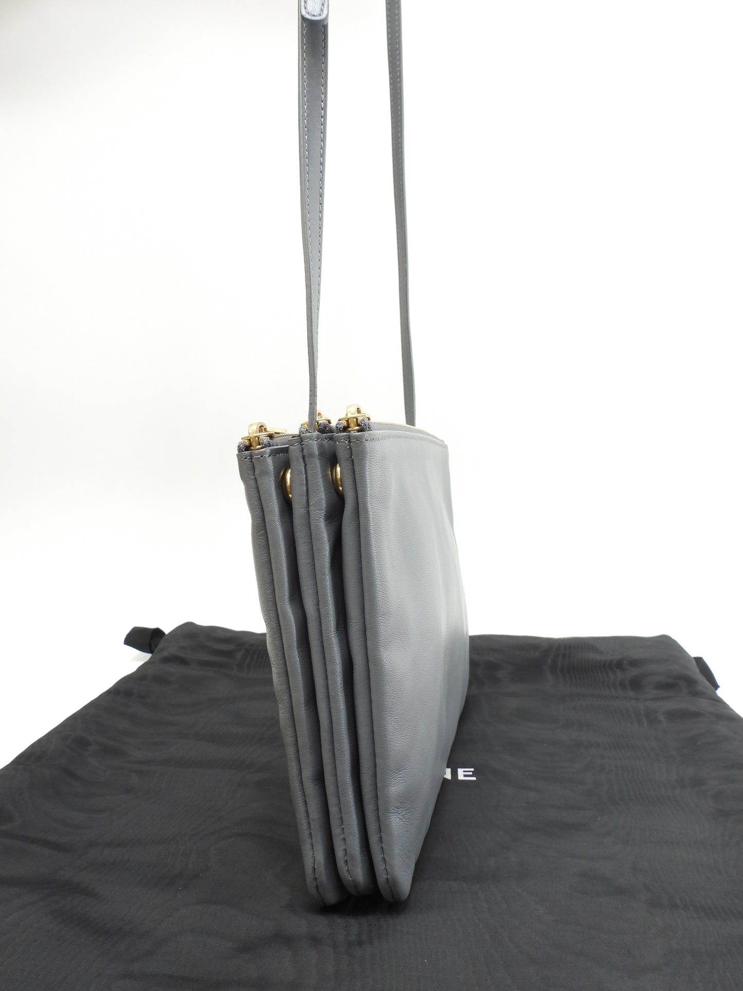 セリーヌ トリオ ラージ スムースレザー灰 クロスボディバッグ ポシェット 極美品@S-CU-2159