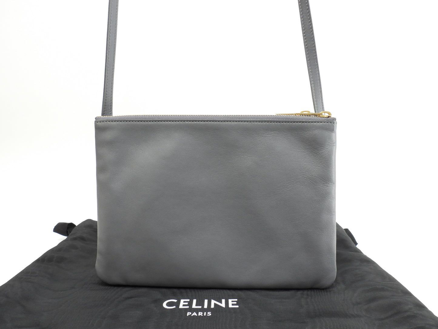 セリーヌ トリオ ラージ スムースレザー灰 クロスボディバッグ ポシェット 極美品@S-CU-2159
