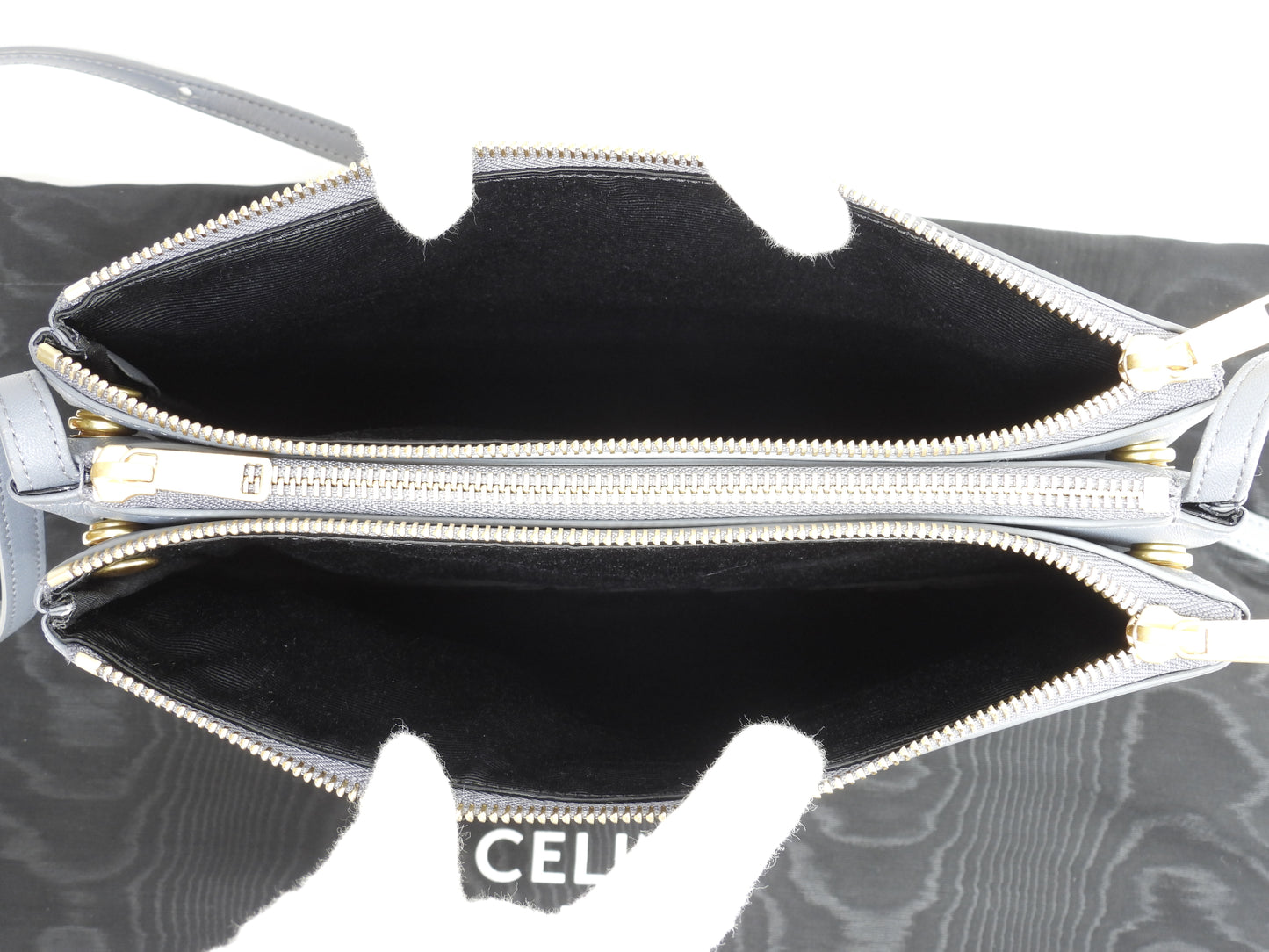 セリーヌ トリオ ラージ スムースレザー灰 クロスボディバッグ ポシェット 極美品@S-CU-2159