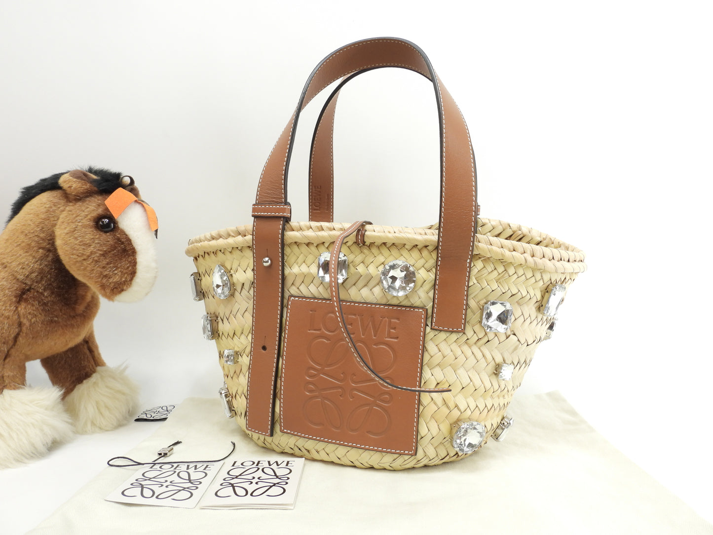 ロエベ バスケットスモール 特大ラインストーン付限定 ナチュラル茶革 カゴバッグ ハンドバッグ 美品@411903