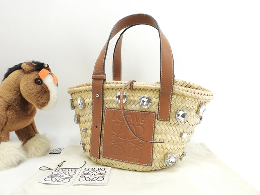 ロエベ バスケットスモール 特大ラインストーン付限定 ナチュラル茶革 カゴバッグ ハンドバッグ 美品@411903