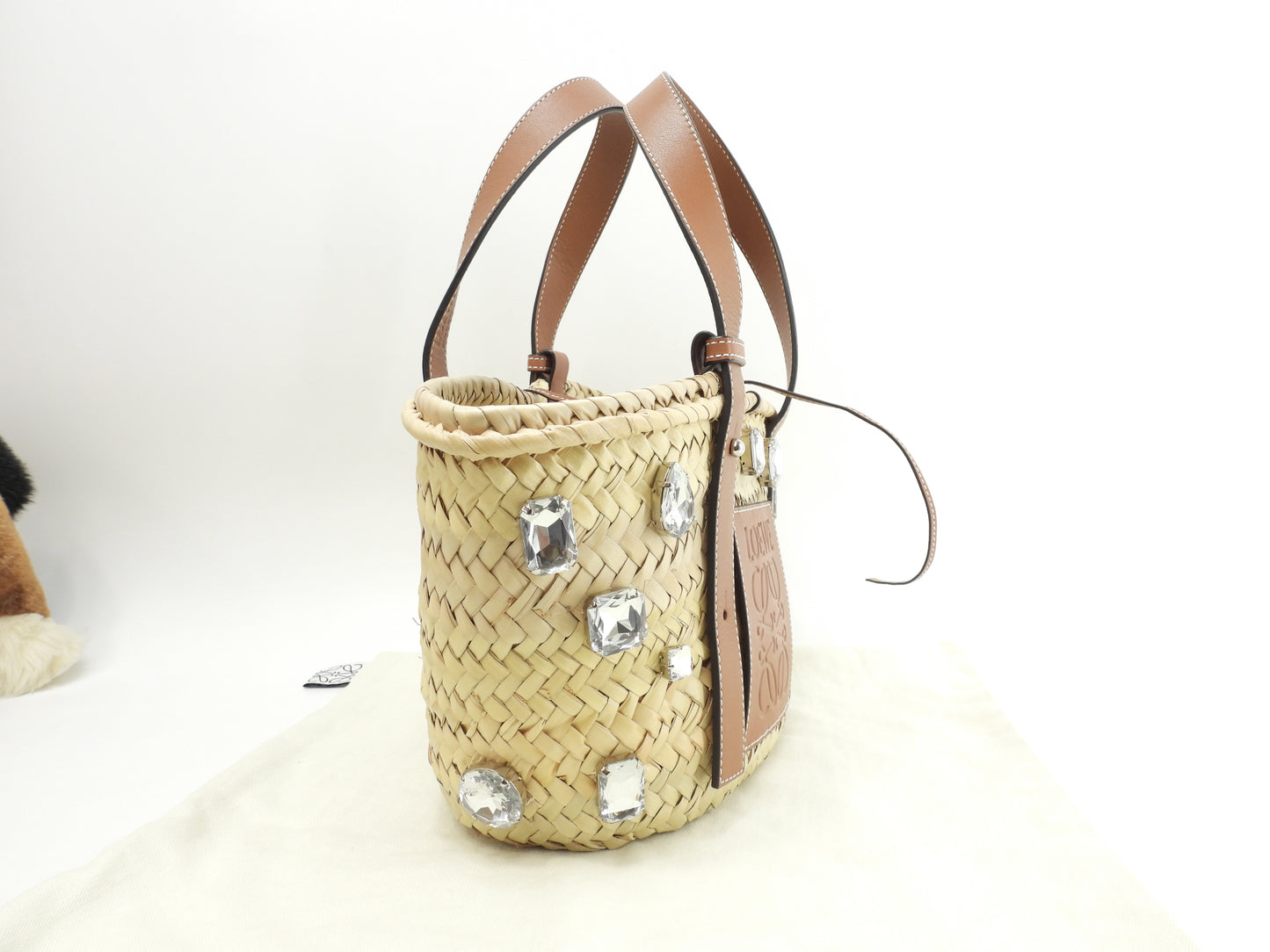 ロエベ バスケットスモール 特大ラインストーン付限定 ナチュラル茶革 カゴバッグ ハンドバッグ 美品@411903