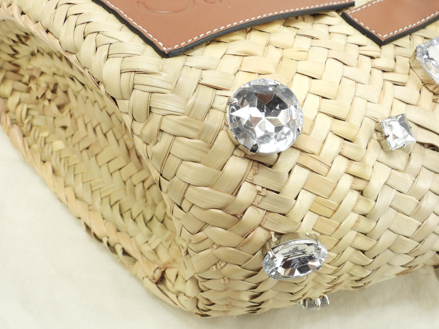 ロエベ バスケットスモール 特大ラインストーン付限定 ナチュラル茶革 カゴバッグ ハンドバッグ 美品@411903