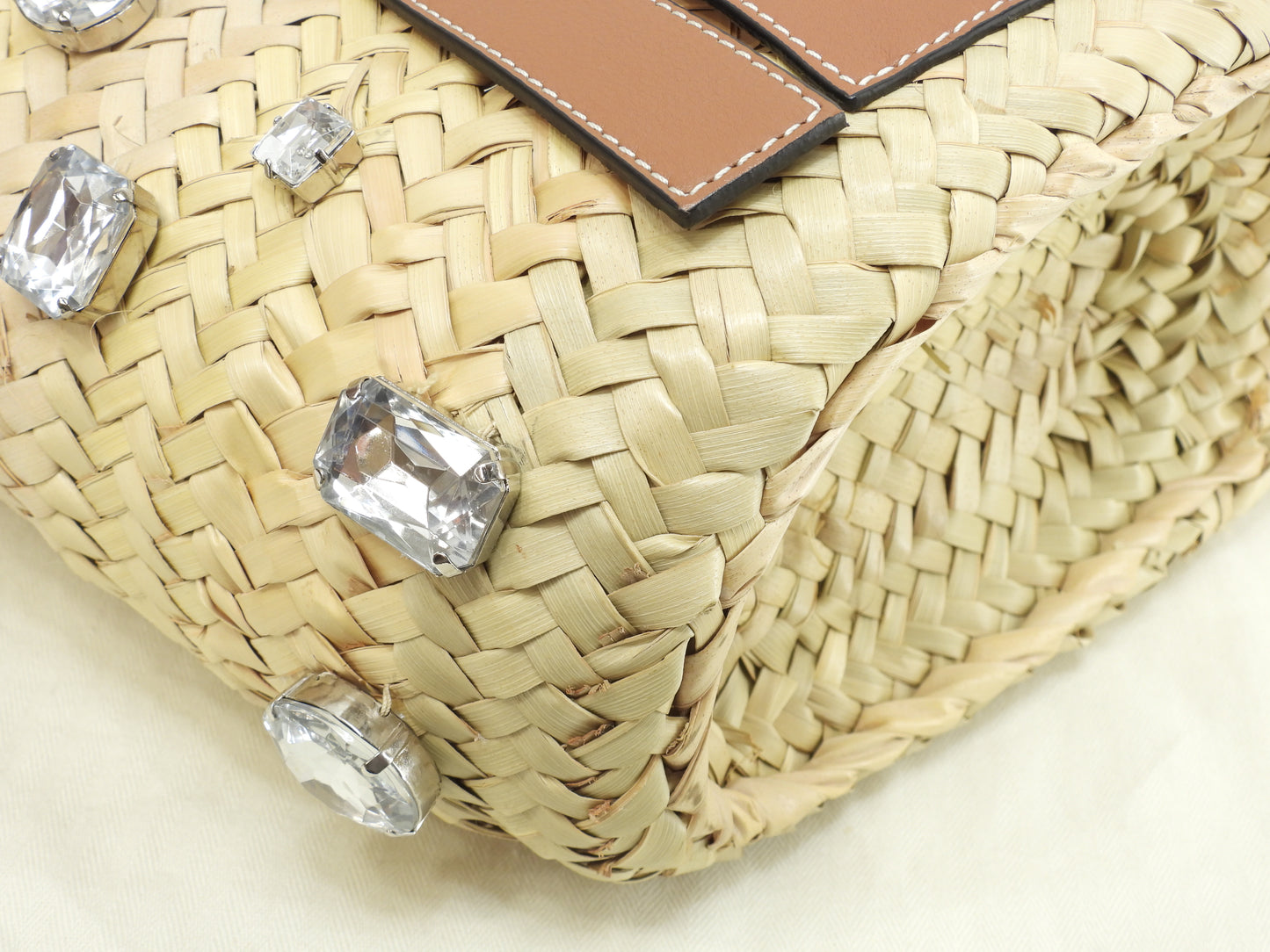 ロエベ バスケットスモール 特大ラインストーン付限定 ナチュラル茶革 カゴバッグ ハンドバッグ 美品@411903