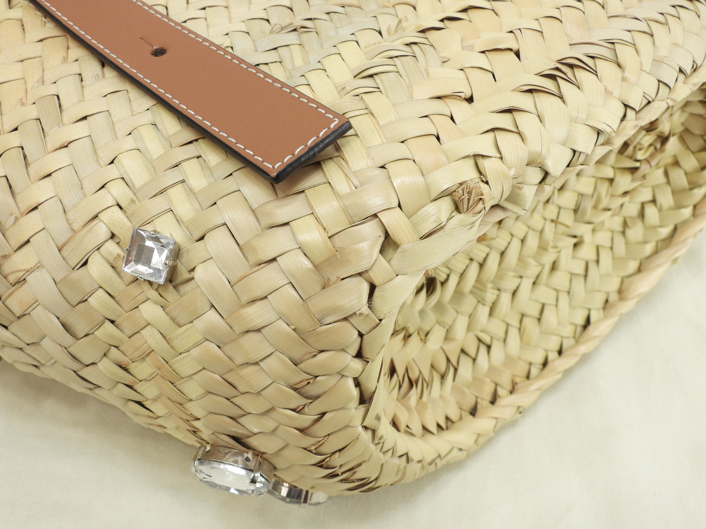 ロエベ バスケットスモール 特大ラインストーン付限定 ナチュラル茶革 カゴバッグ ハンドバッグ 美品@411903