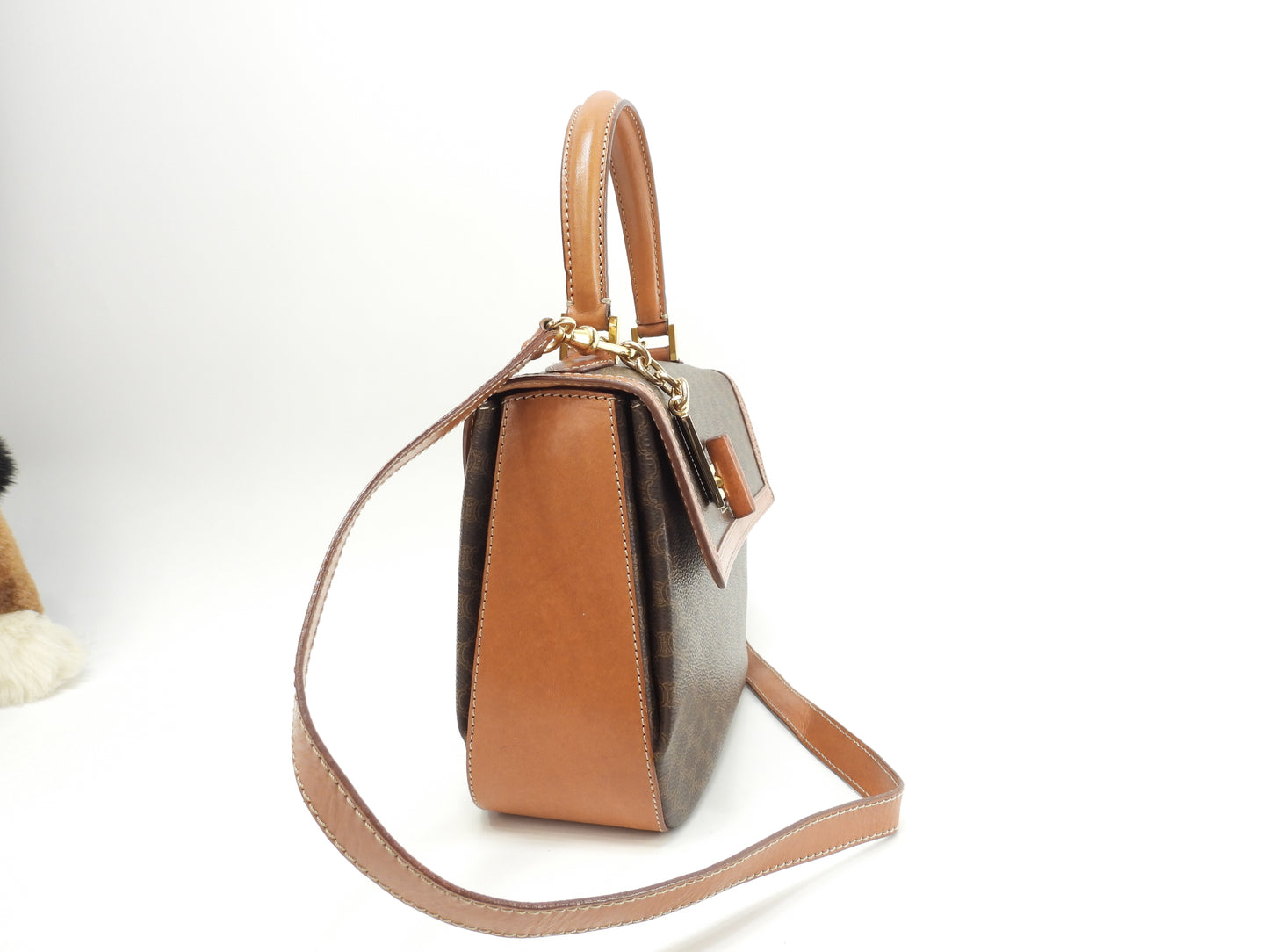 セリーヌ s付ハンドバッグ マカダム トリオンフ茶 ケリー 美品@M94* 7