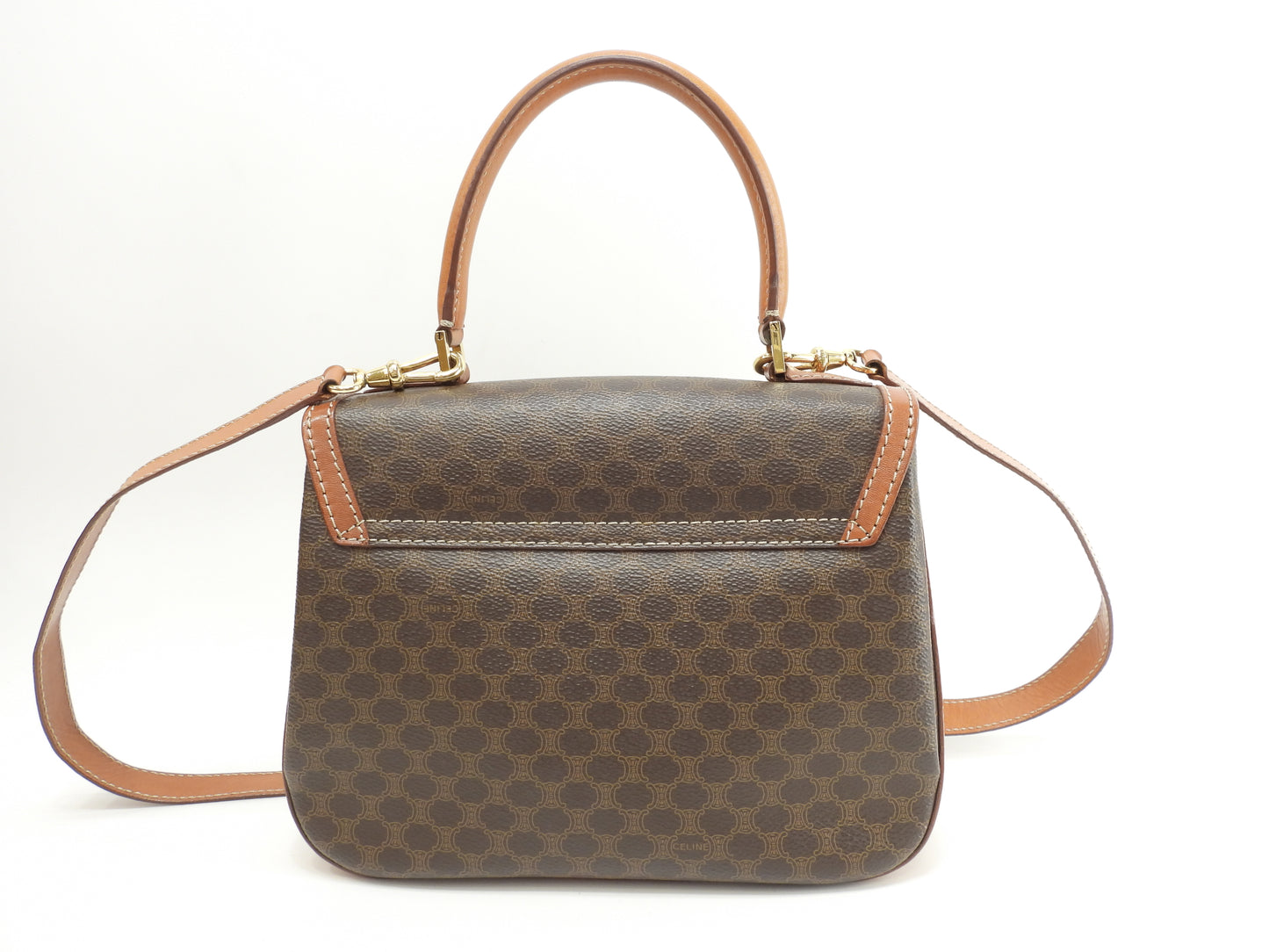 セリーヌ s付ハンドバッグ マカダム トリオンフ茶 ケリー 美品@M94* 7