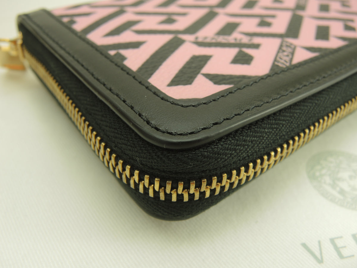 ヴェルサーチ ロングウォレット グレカ PVCピンク黒革 ラウンドジップ長財布 新品@ 2
