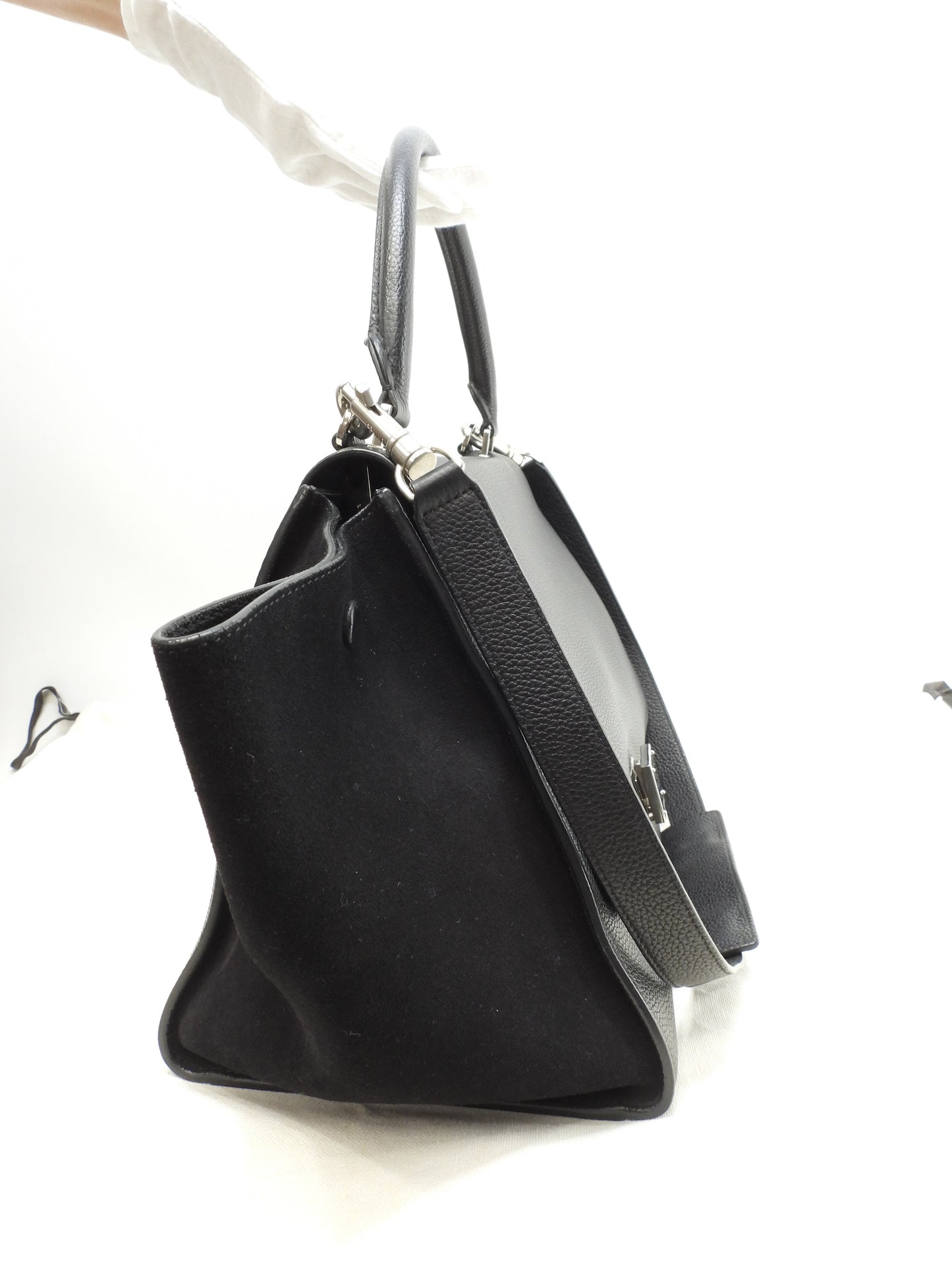 セリーヌ トラペーズ レザー黒 シルバー金具 s付ハンドバッグ 美品@ 59