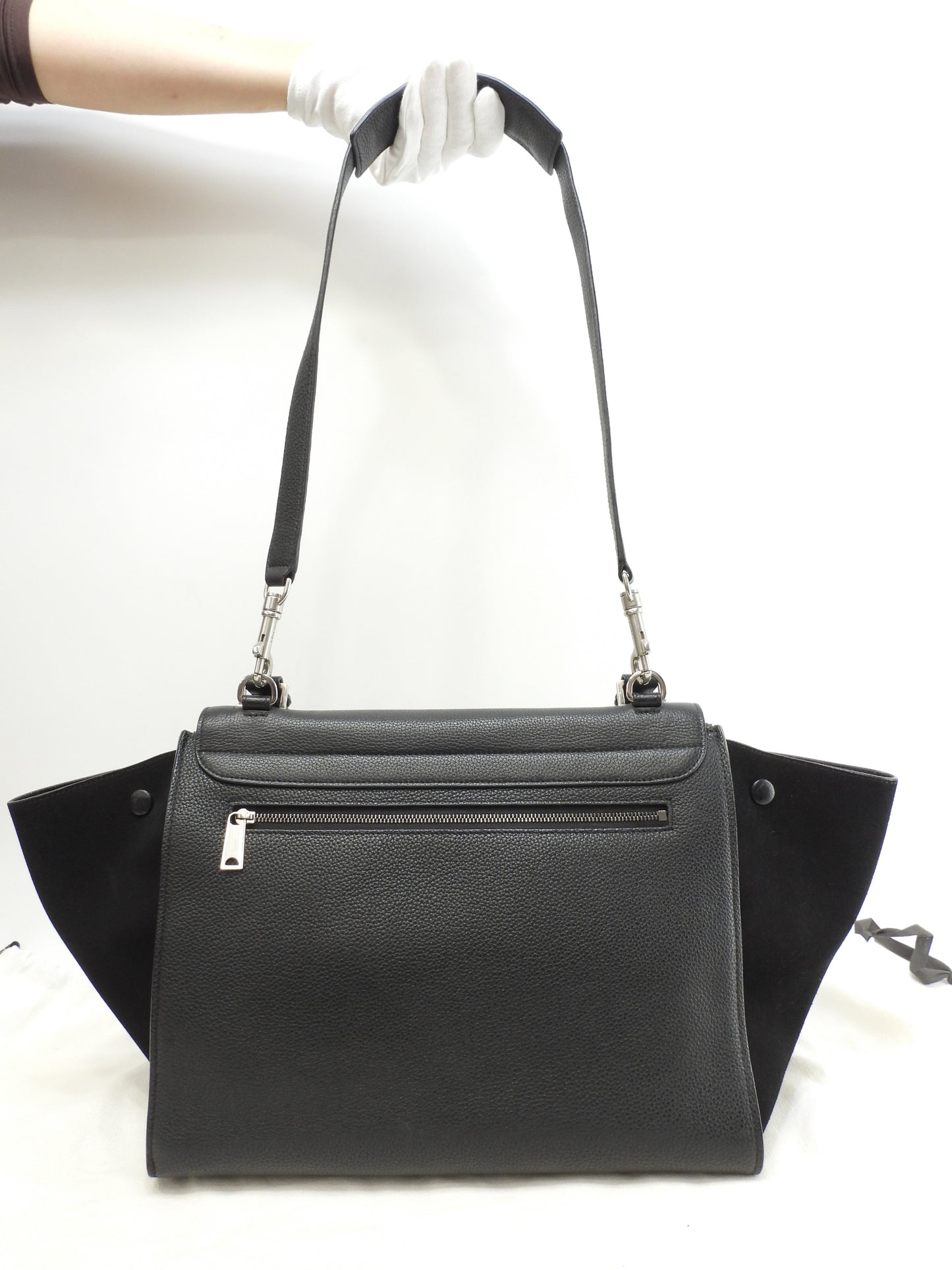 セリーヌ トラペーズ レザー黒 シルバー金具 s付ハンドバッグ 美品@ 59