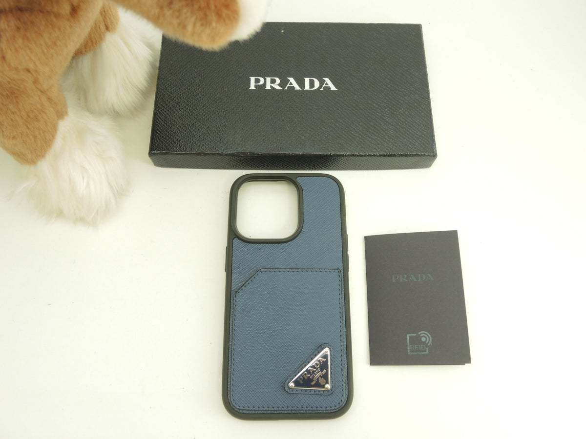 プラダ iphone14Proケース サフィアーノ青黒 三角プレート アイフォンカバー 極美品@ 1
