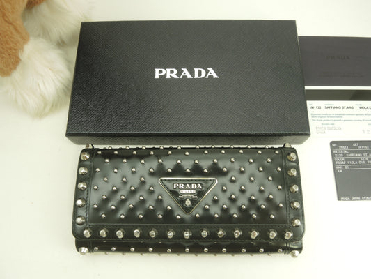 プラダ 2折長財布 スタッズ レザー黒 ロングウォレット 美品@ 76