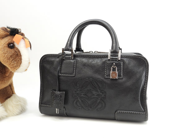 ロエベ アマソナ28 型押レザー 黒 ハンドバッグ シルバー金具 