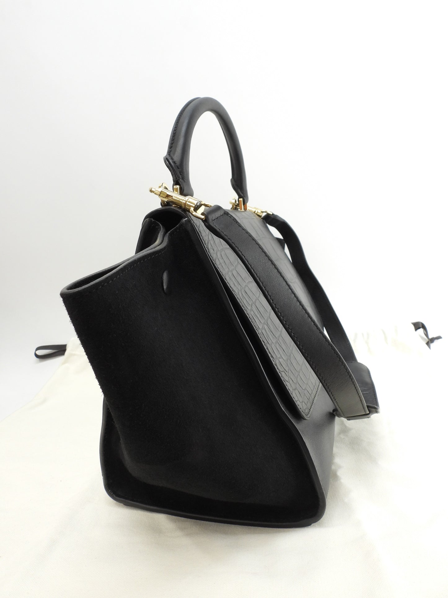 セリーヌ トラペーズ クロコ型押レザー 黒 s付ハンドバッグ トートバッグ 極美品@ 2