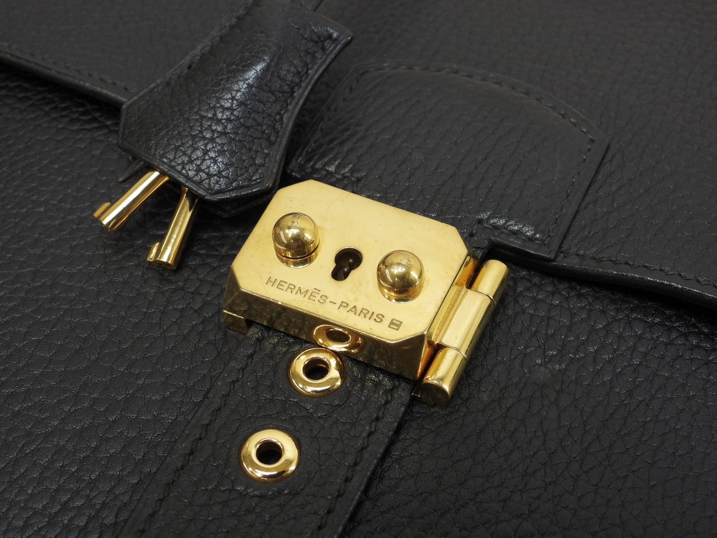 エルメス サックアデペッシュ38 フィヨルドレザー黒 ゴールド金具 書類かばん 美品@□A