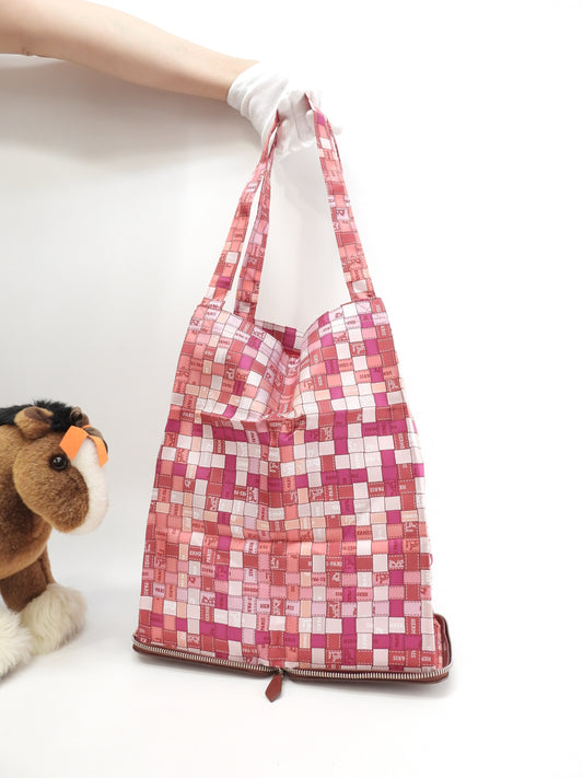 エルメス シルキーポップ シルク/ピンク/レザー茶 エコバッグ 折畳みハンドバッグ 新品同様@□K