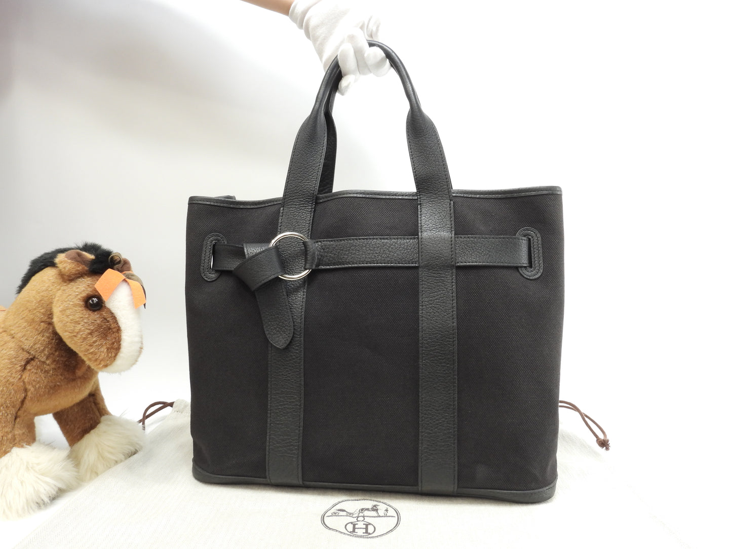 エルメス プティットサンチュールMM コットン/レザー 黒 トートバッグ ハンドバッグ@□J 17