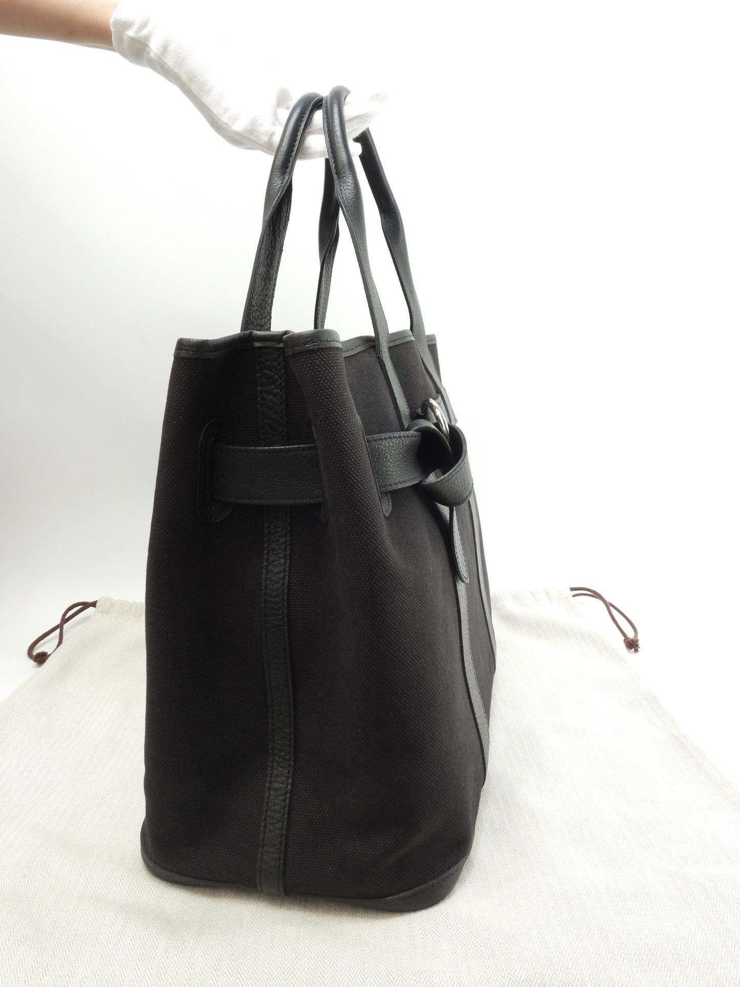 エルメス プティットサンチュールMM コットン/レザー 黒 トートバッグ ハンドバッグ@□J 17