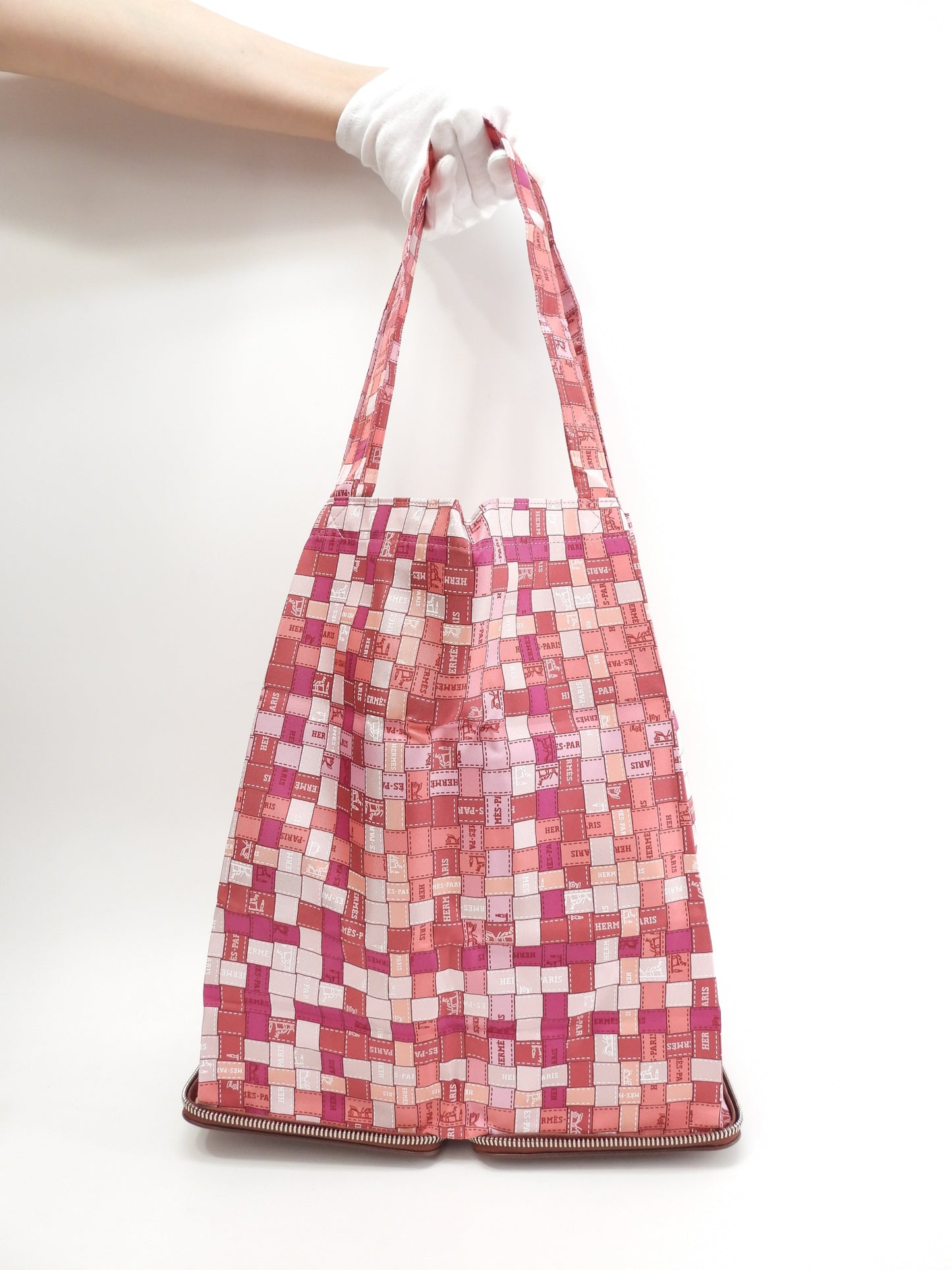 エルメス シルキーポップ シルク/ピンク/レザー茶 エコバッグ 折畳みハンドバッグ 新品同様@□K