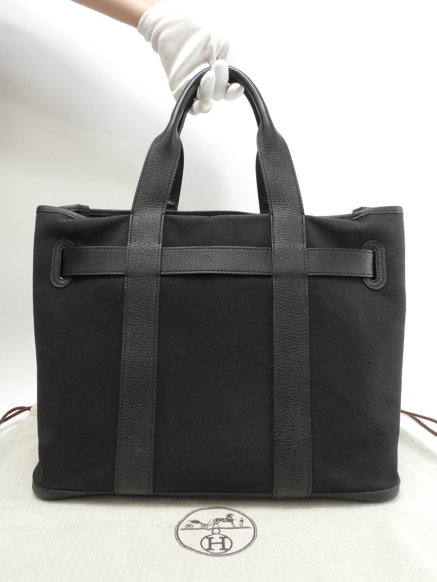 エルメス プティットサンチュールMM コットン/レザー 黒 トートバッグ ハンドバッグ@□J 17