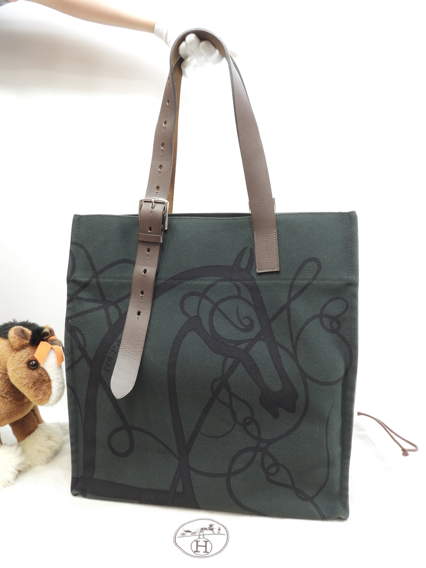 エルメス エトリヴィエール スティープル 緑コットンデニム焦茶革 ショルダーバッグ@□Q 2