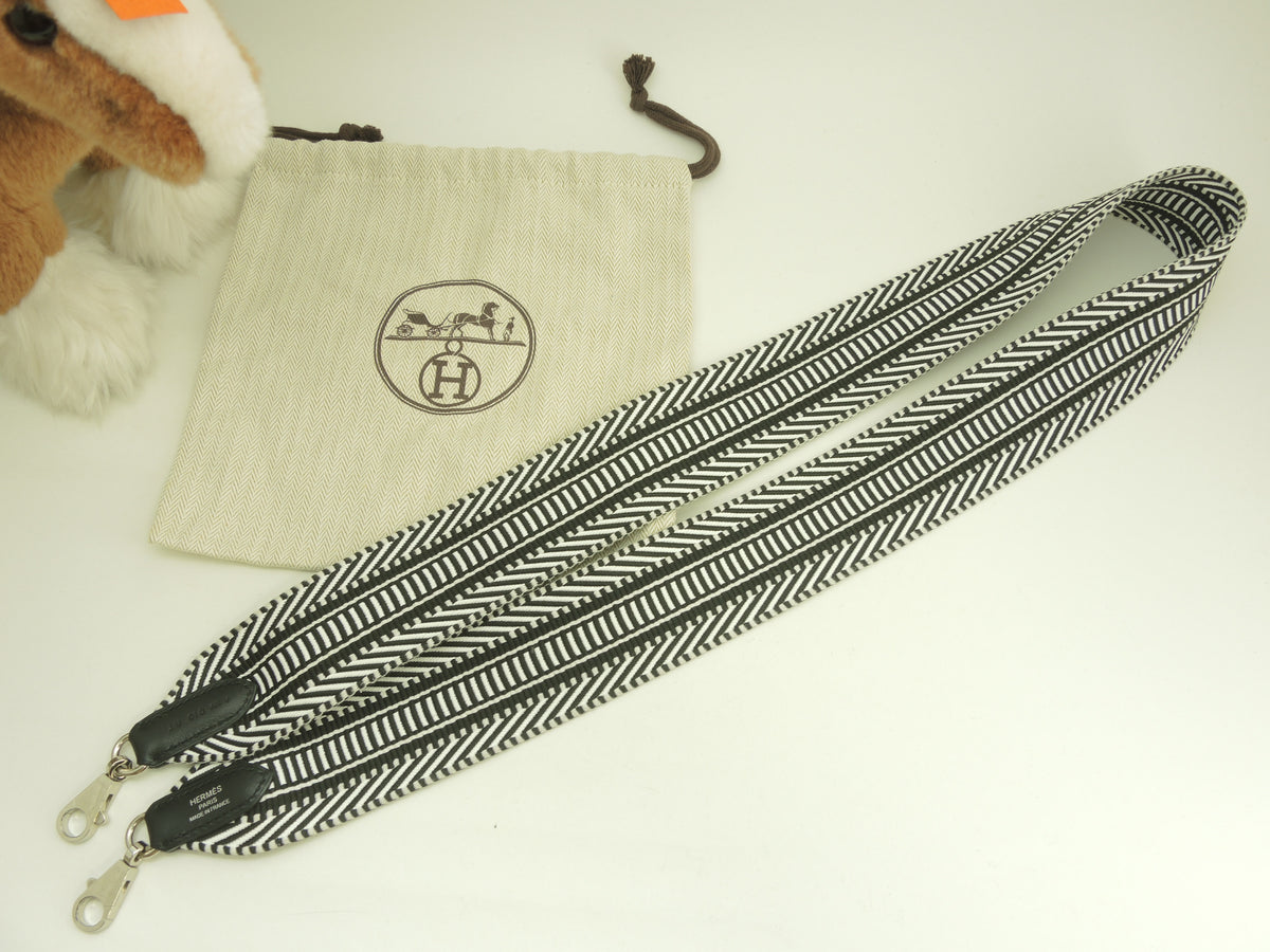 エルメス ロングショルダーストラップ コットン革 黒白 シルバー金具 斜め掛け用 極美品@A