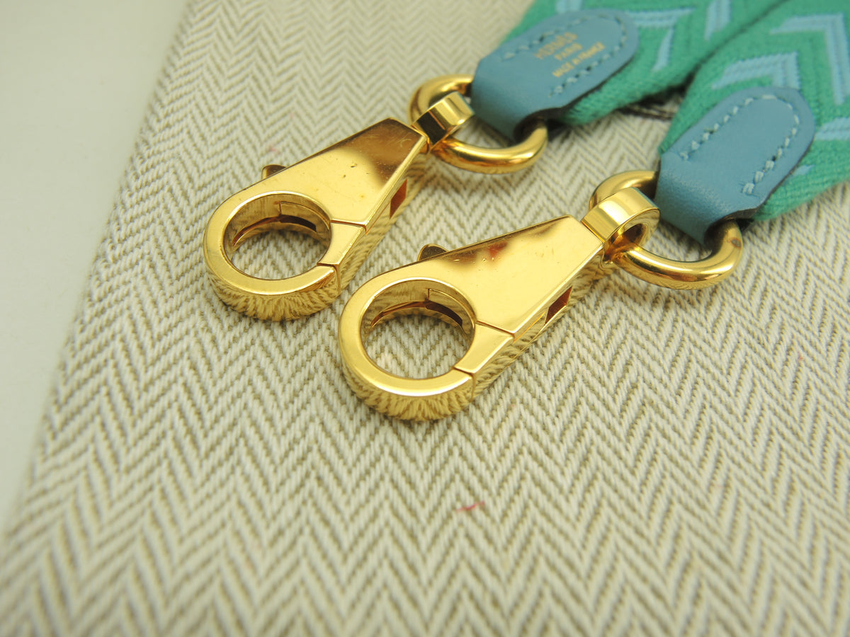 エルメス ショルダーストラップ25 サングルジグザグ コットン緑水色 斜め掛け用 美品@D