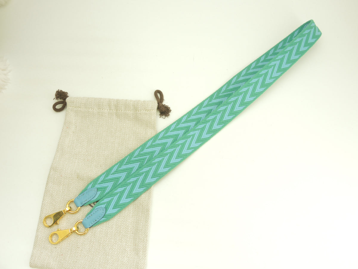 エルメス ショルダーストラップ25 サングルジグザグ コットン緑水色 斜め掛け用 美品@D