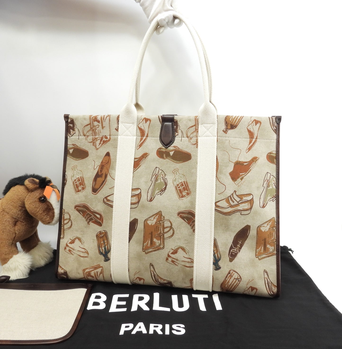 ベルルッティ トートバッグXL プリントファブリック コットン革茶 メンズショルダー特大@G0224
