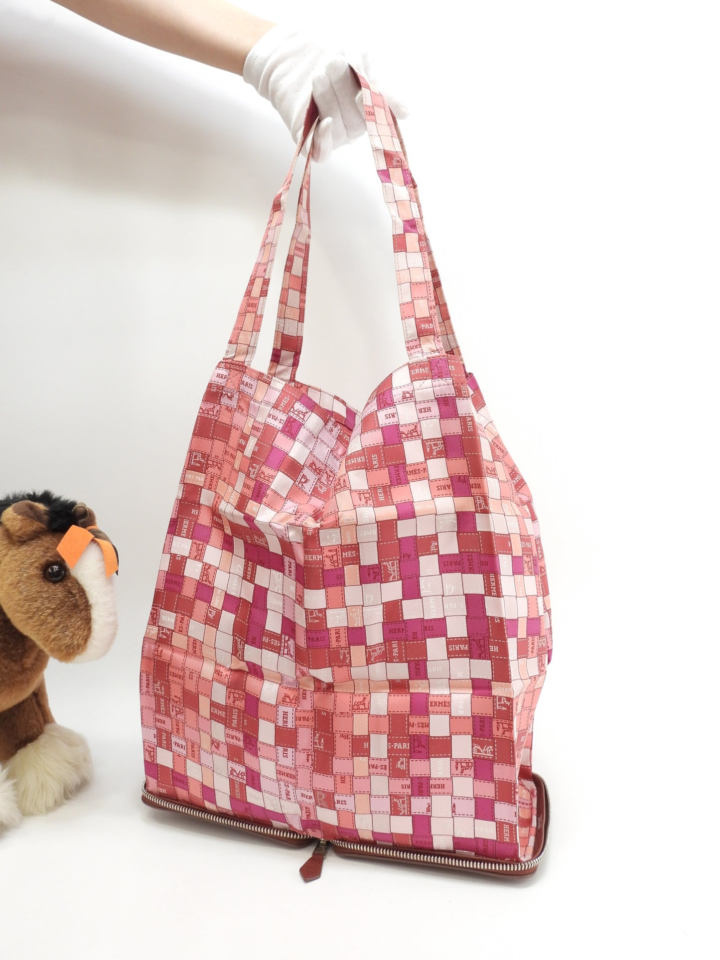エルメス シルキーポップ シルク/ピンク/レザー赤茶 エコバッグ 折畳みハンドバッグ@□K