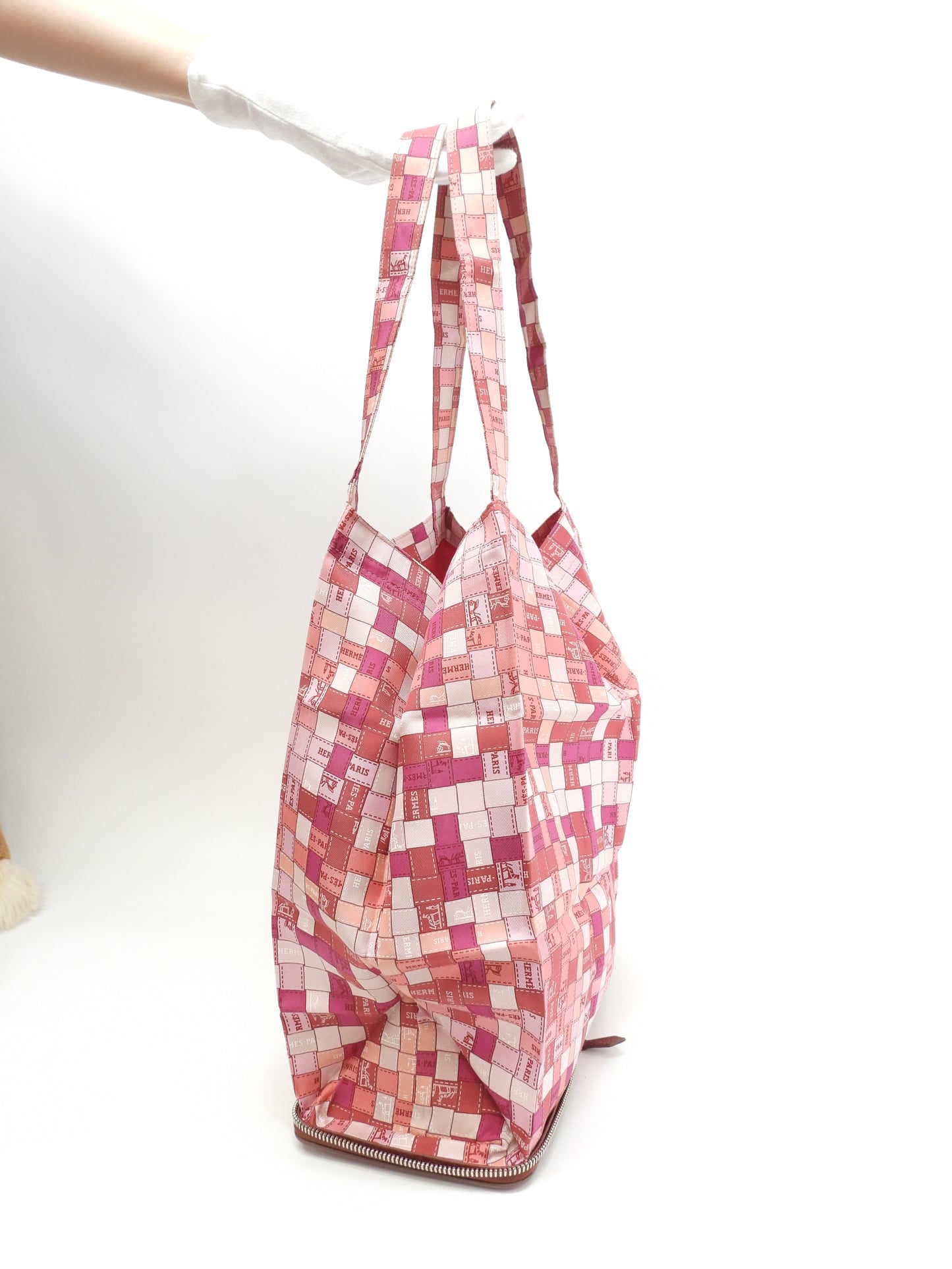 エルメス シルキーポップ シルク/ピンク/レザー赤茶 エコバッグ 折畳みハンドバッグ@□K