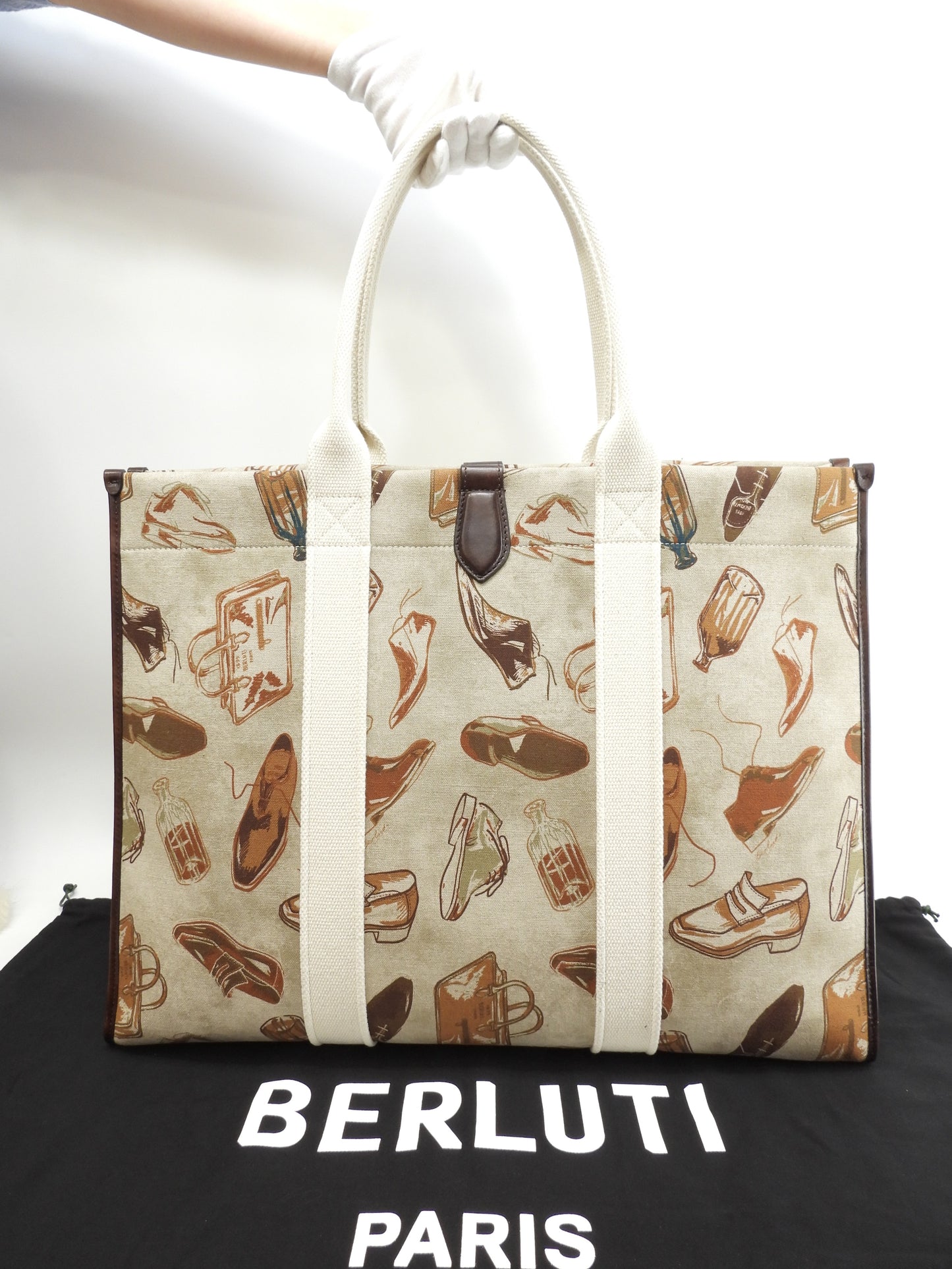 ベルルッティ トートバッグXL プリントファブリック コットン革茶 メンズショルダー特大@G0224