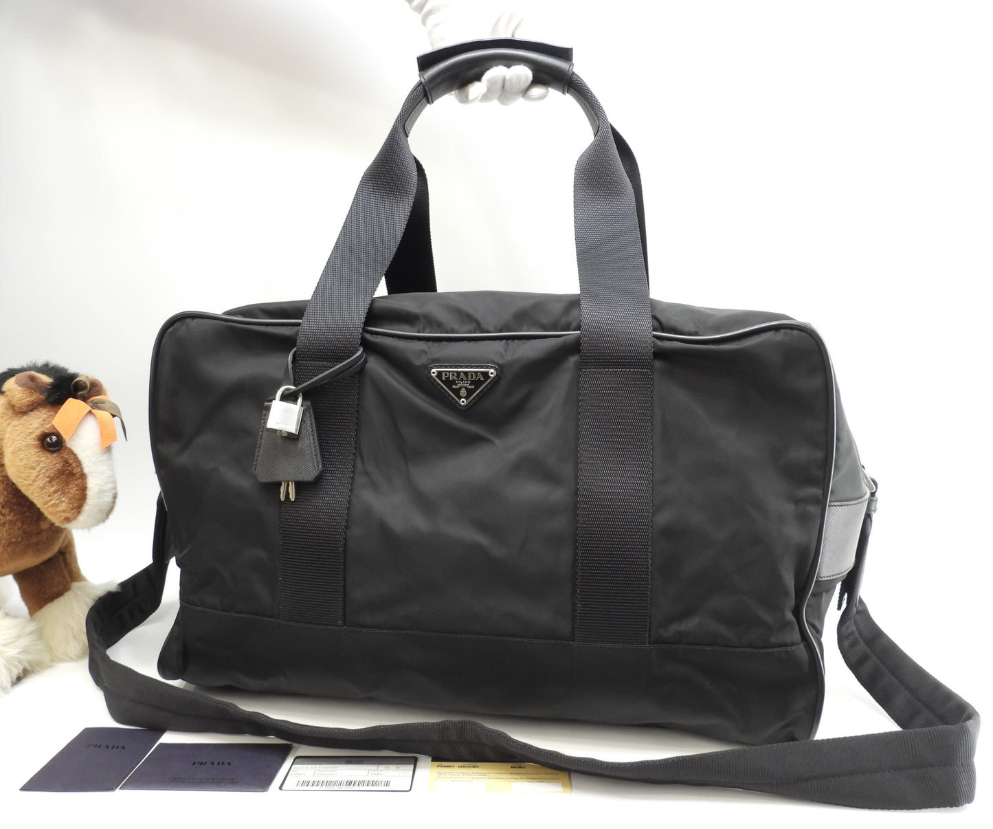 プラダ s付ボストンバッグ大 三角プレート ナイロン革黒 トラベル 旅行用ハンドバッグ@7