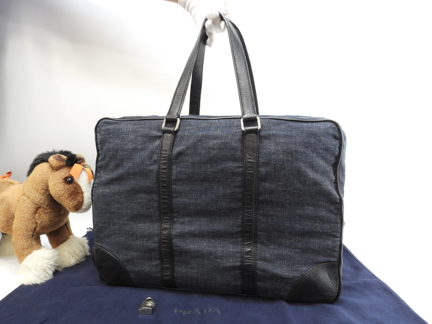 プラダ ボストンバッグ 三角プレート コットン紺革黒 トラベル 旅行用ハンドバッグ@146